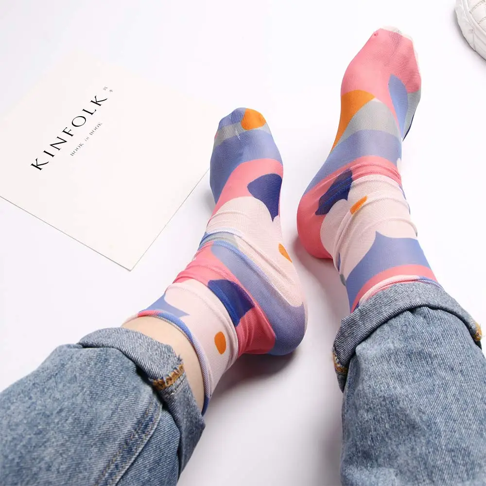 Милые носки из сетчатой пряжи с цветочным принтом для девочек кавайные в