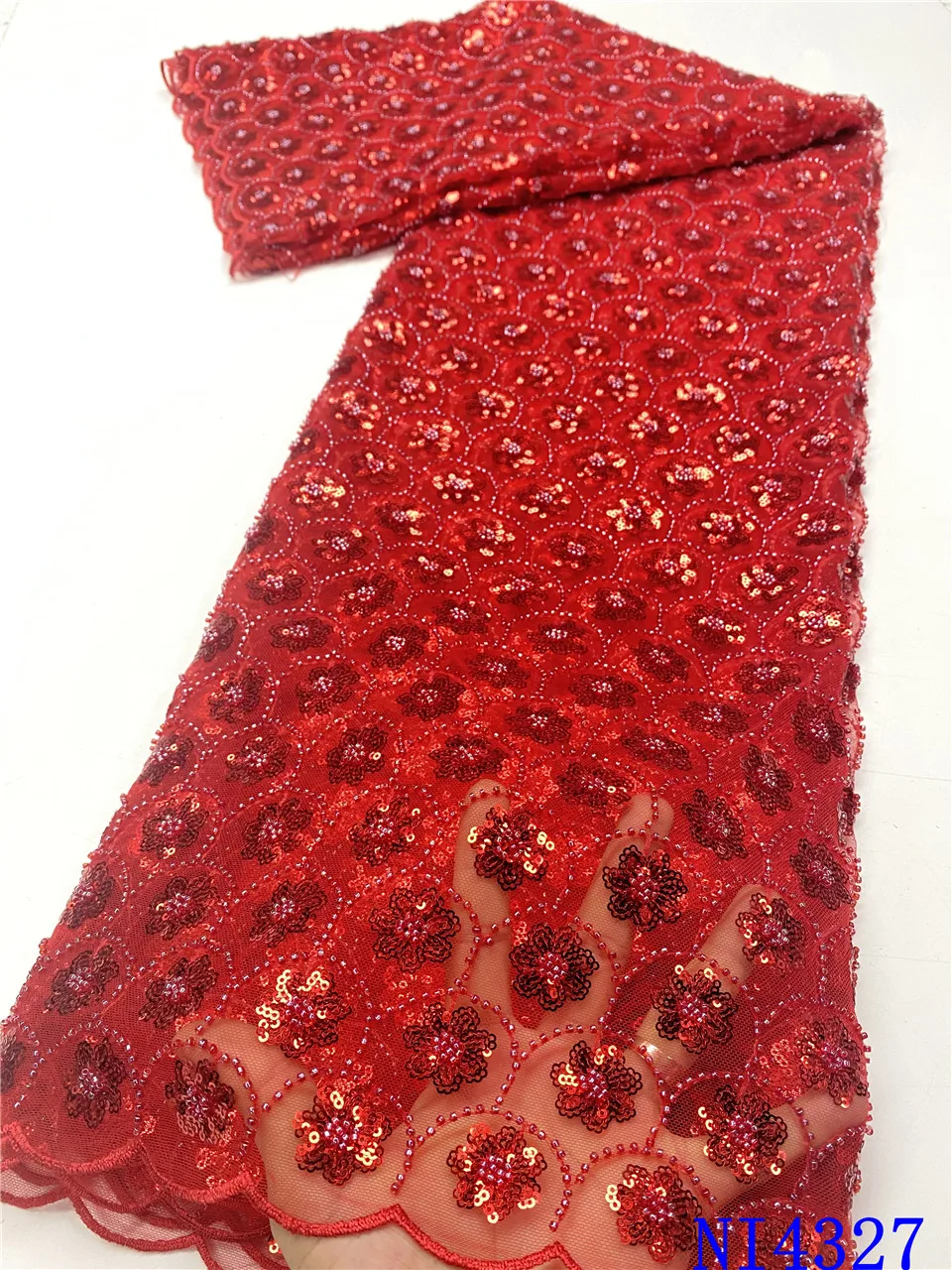 

Red Handmade Beads Lace Luxury Nigerian Beaded Lace with Sequins French African Tulle Lace Fabrics for Wedding Party NI4327