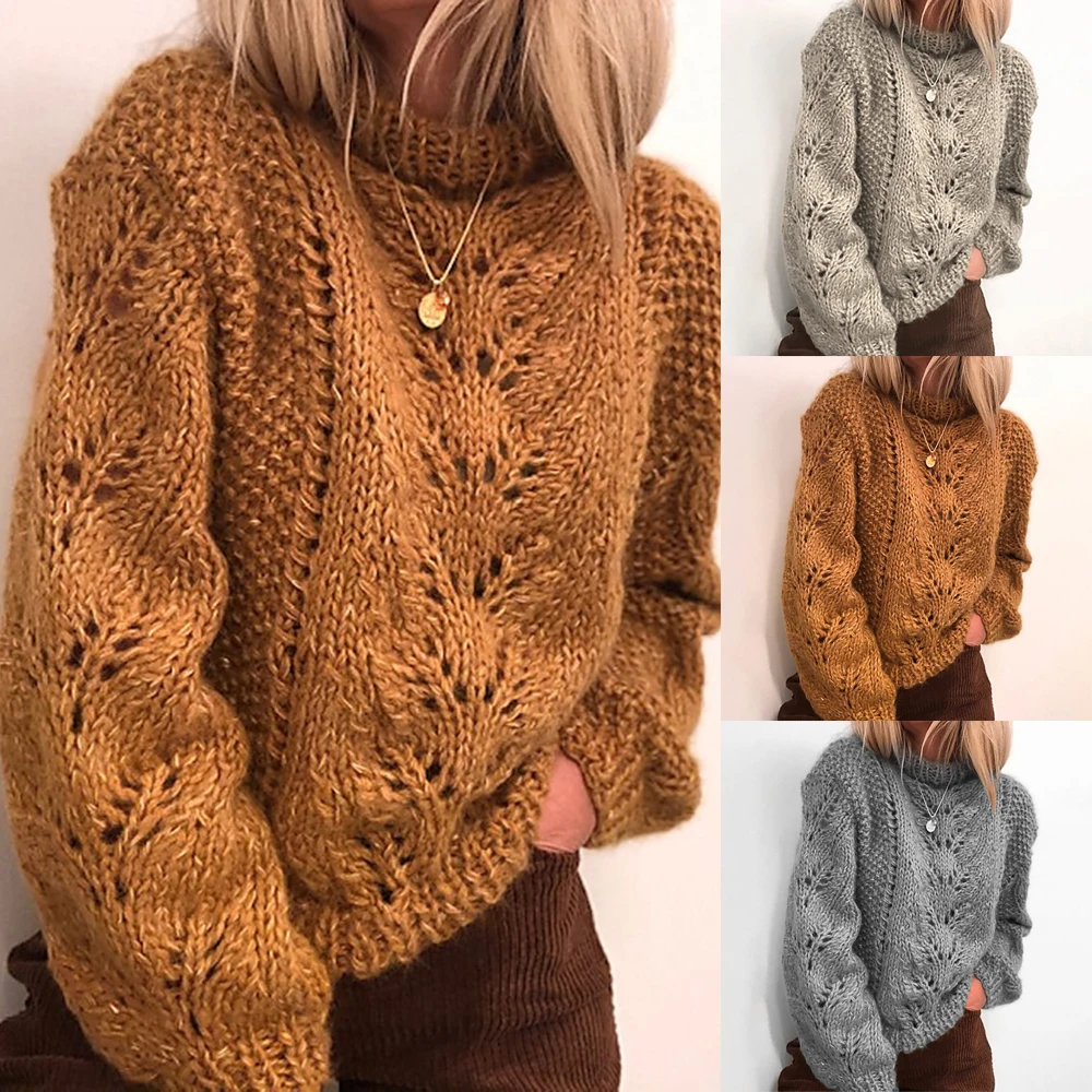 

Tops Sweater High neck Long sleeve Cable knit Casual Hollow Turtleneck