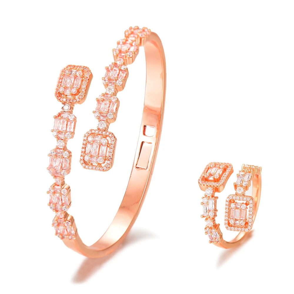 Rose Gold GODKI модный роскошный багет Штабелируемый браслет кольцо наборы для женщин Свадебные AAA кубический циркон Дубай Серебряный Браслет вечерние ювелирные изделия - Окраска металла: Rose Gold