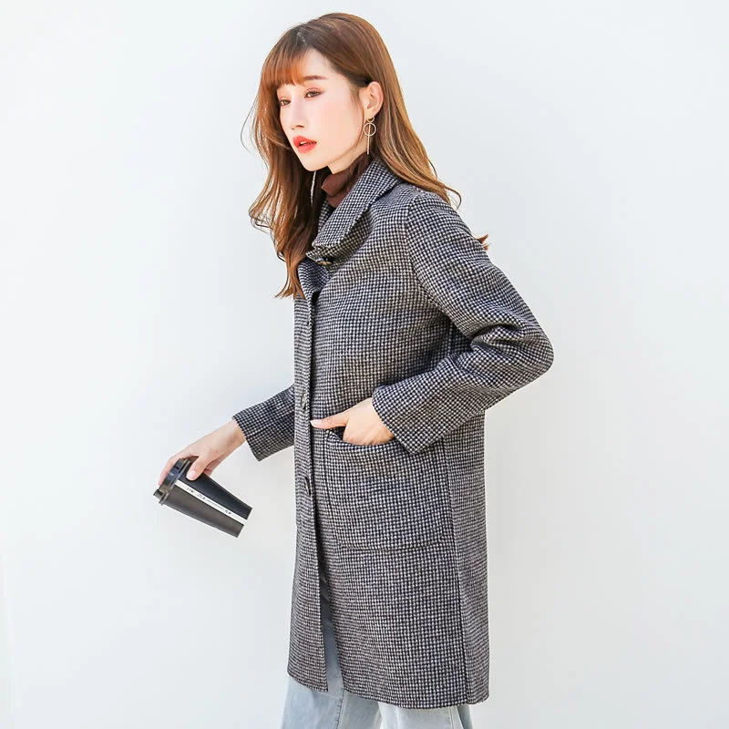 

Autumn Winter Thick Slim Mid-length Double Sided Wool Jacket Women Plaid Outerwear Fashion 3 Color Big Pocket Wool Coat Female