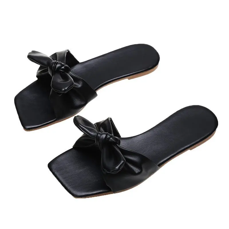 

Trend Retro Women Slippers Bow-tied Knot Pu Leather Flat Heel Rubber Sole Open Toe Beach Vacation Slides Outdoor Sandals Ladies