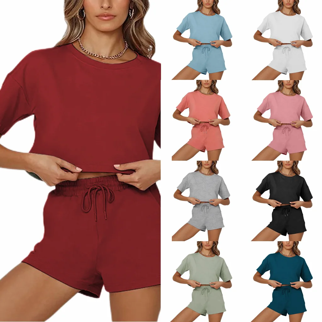 

Summer Cotton Sets Women Casual Two Pieces Short Sleeve T Shirts and High Waist Short Pants Solid Outfits Tracksuit