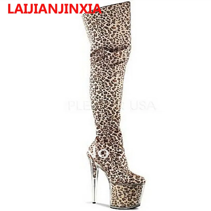 

New sexy stage shows sexy leopard color crystal core knee-high boots 20 cm high heels Dance Shoes