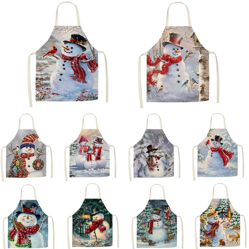 

1 Pcs Kitchen Apron Cute Cartoon Christmas Snowman Printed Sleeveless Cotton Linen Aprons for Men Women Home Cleaning Tools