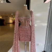 pink sequins sparkling elegant prom dresses with long wrap train short mini length women sexy party cocktail gowns custom made