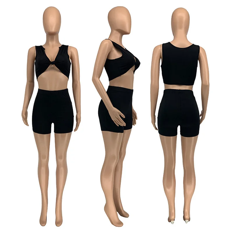 

Akaily Streetwear Black Crop Top and 2 Piece Shorts Set Two Piece Sets Women Matching Sets Summer Outfits Tracksuits Female 2021