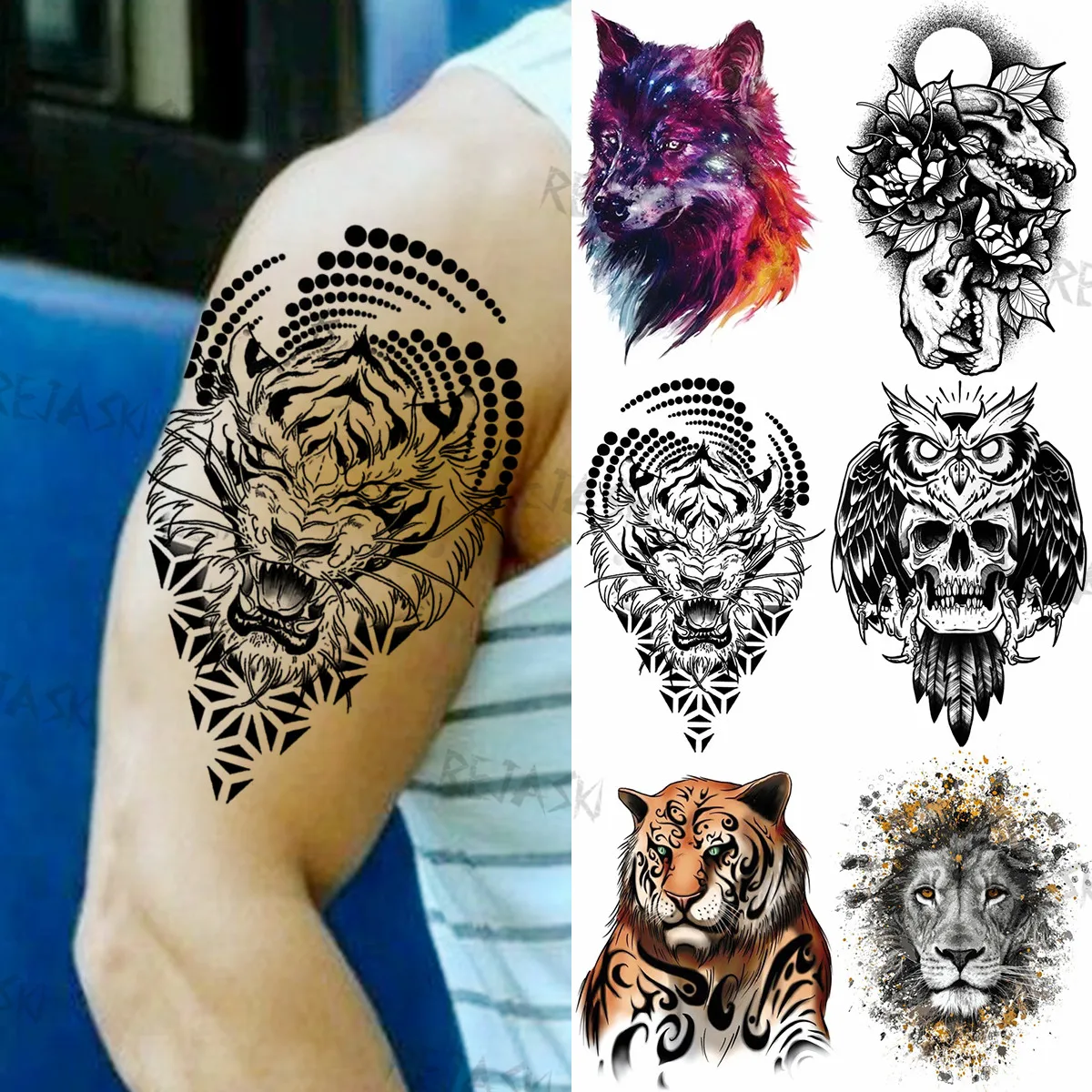 

3D Tribal Totem Tiger Temporary Tattoos For Men Women Adult Fake Wolf Lion Owl Skull Tattoo Sticker Arm Transfer Tatoos Armband