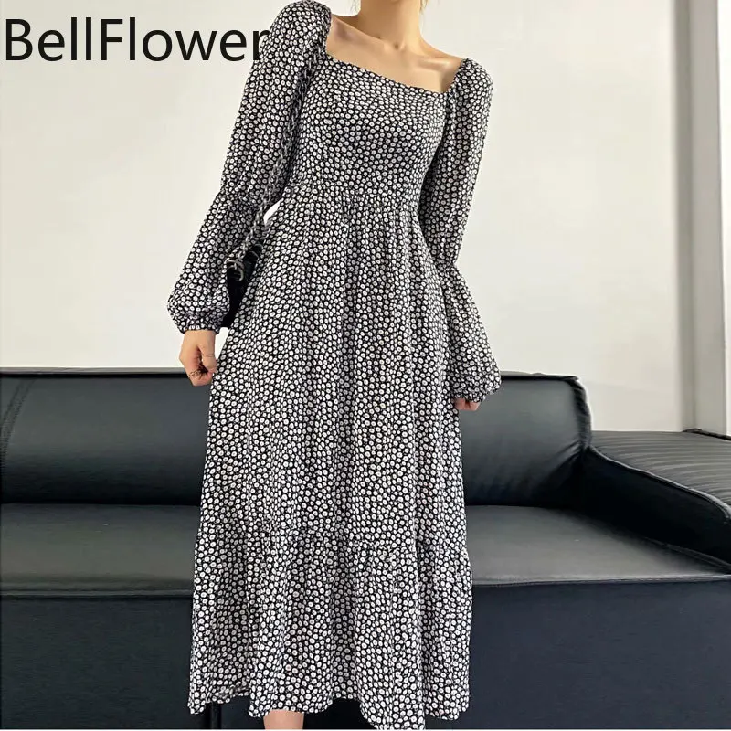 

Floral Smocked Dress Women Clothes Autumn 2021 High Waist Long Sleeve Bohemian Square Collar Draped Pullover Black Dresses