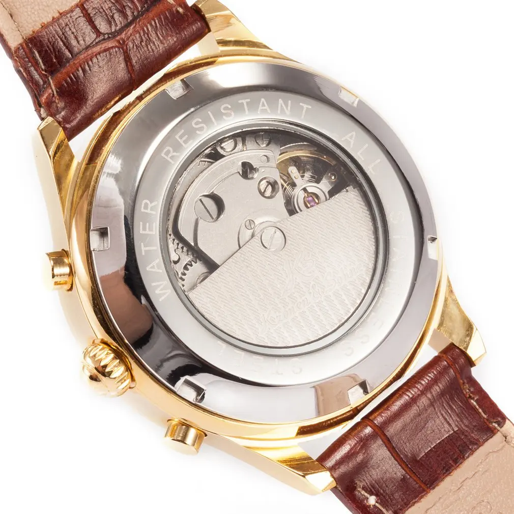 IMPERIAL KS Retro Skeleton 6 Hands Golden Case Luxury Brand Day Month Display Brown Leather Strap Men's Mechanical Watch / KS146