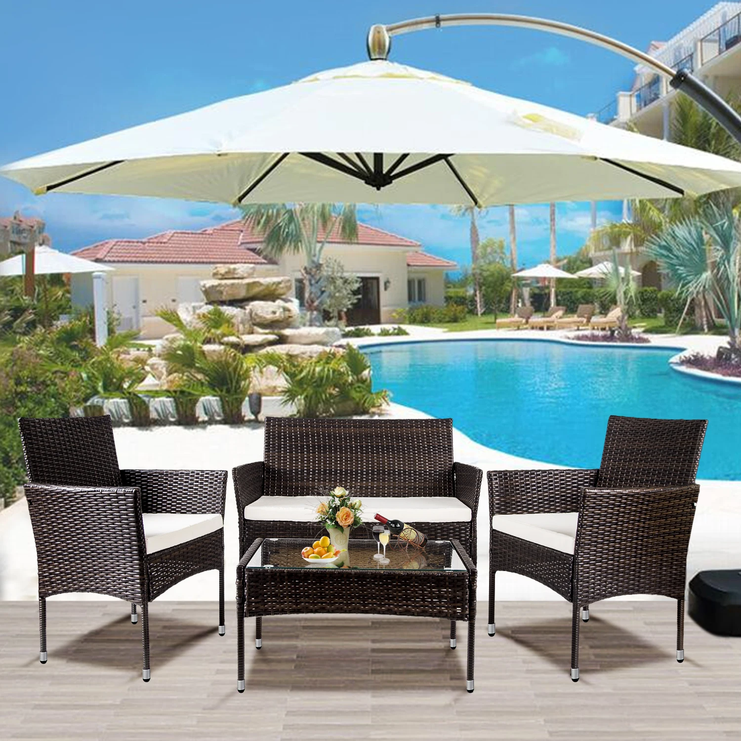 Set Rattan Include 1 2-seat Sofa+2 Arm Chairs+1 Tea Table Brown W/ White Cushion[us-depot]