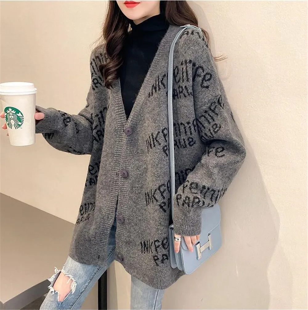 

M.Y.FANTASY 2021 Korean FashionLetter Knit Cardigan Women's Spring Clothes Loose Western Style V-neck Mid-length Sweater Coat Tr