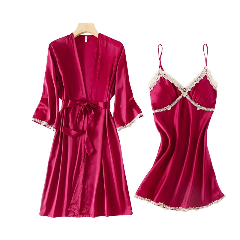 

Satin Sexy Robe Set Nightwear Lace Lady Homewear 2PCS Kimono Bathrobe Gown Intimate Lingerie Casual Nightgown Home Clothing