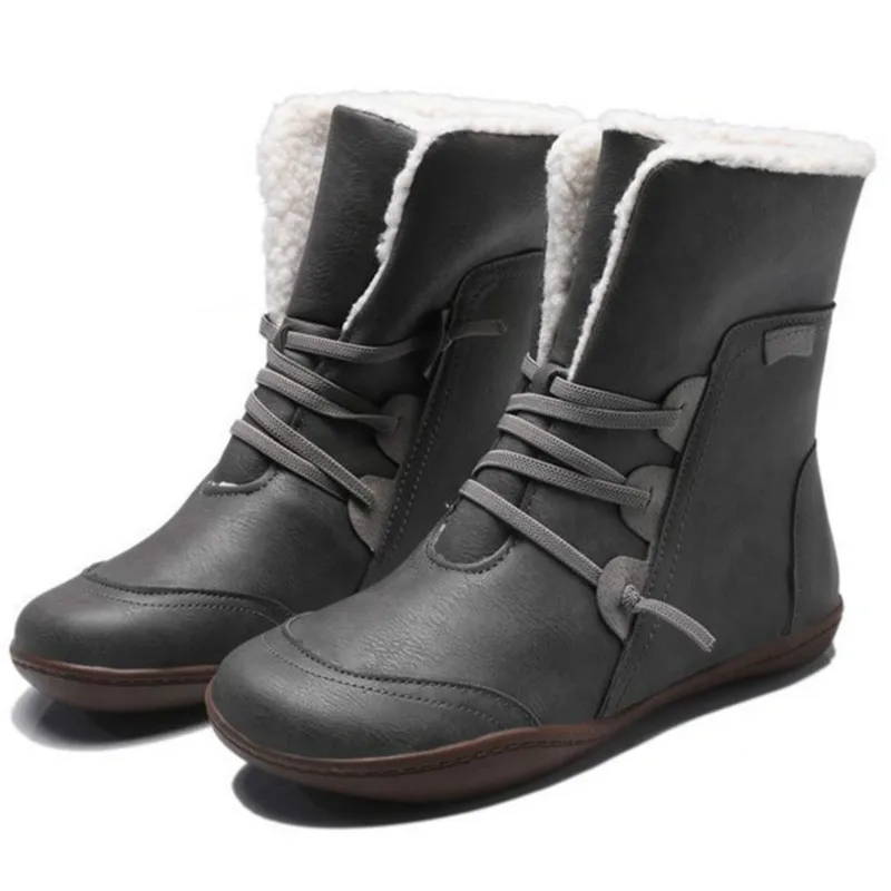 

New Fashion Female Snow Boots Round Toe Flat 2020 With Cross Tied Ankle Boots Women Winter Warm Fur Shoes Woman
