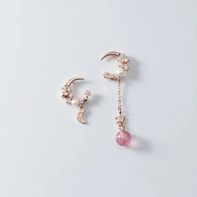 925 стерлингового серебра в Корейском стиле модная Асимметричная звезды и луна розового цвета с украшением в виде кристаллов, серьги со шпил...