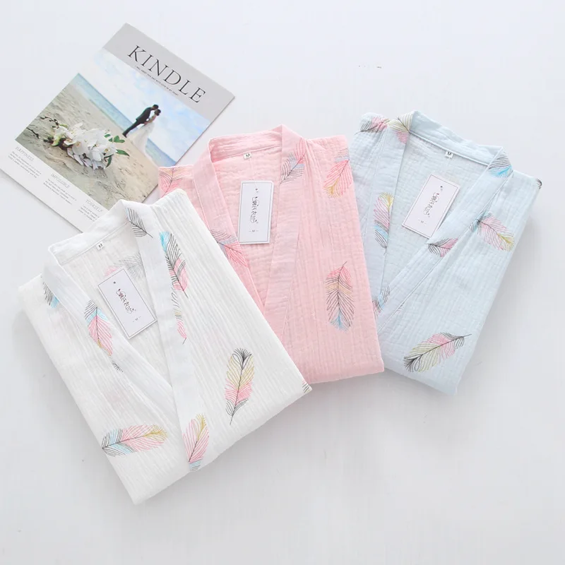 

Japanese Kimono Robe Sets Ladies Summer Pajama Cotton Crepe Three Quarter Sleepwear Yukata Woman Fresh Home Service Suit V-Neck