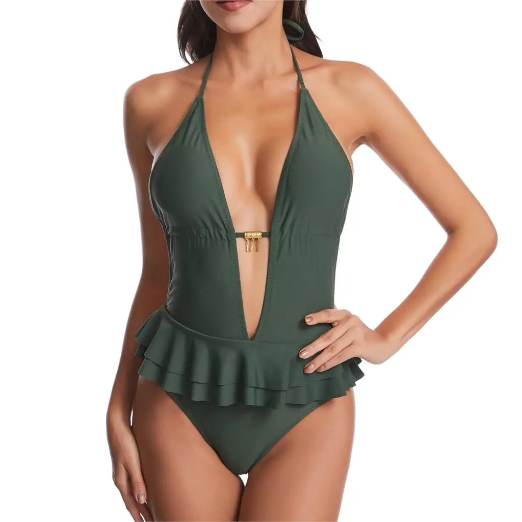 Сексуальный купальник с глубоким V образным вырезом Женский однотонный