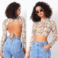 ladies sexy top leopard print long sleeved t shirt womens trend backless lace up short slim top womens dyeing t shirt