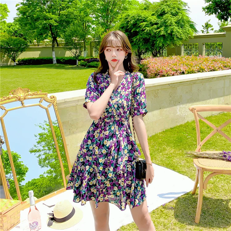 

Women's Chiffon Dress 2021 Summer New Fashion Ladies Short Sleeve Vintage Printed Slim Casual Mini Dress Vestidos