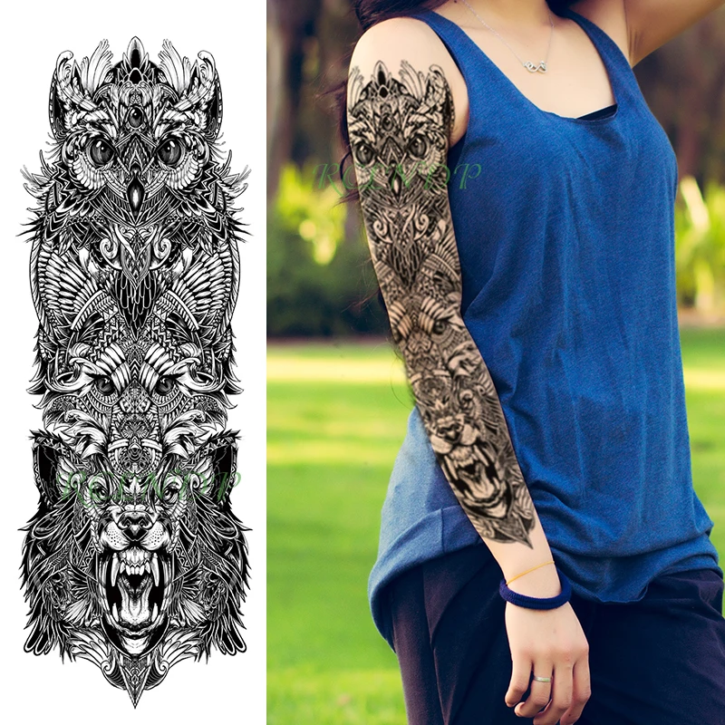 

Водостойкая Временная тату-наклейка, сова, тигр, большое животное, перо, черная, на всю руку, искусственная татуировка, рукав-вспышка, тату дл...