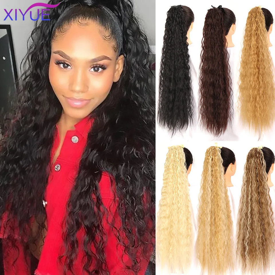 Corn Wavy Super Long Afro Kinky Curly Ponytail Synthetic Hairpiece Wrap on Clip Hair Extensions Ombre Pony Tail Blonde Fack Hair