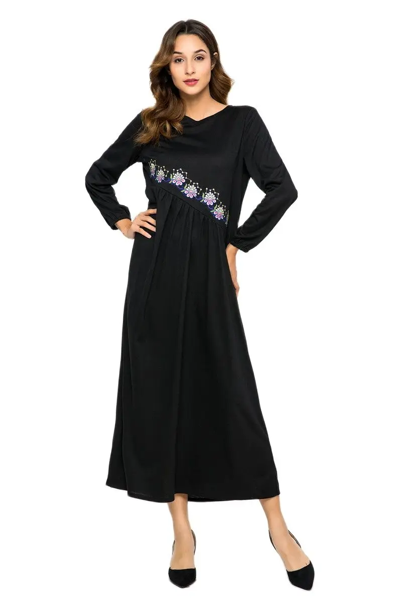 

Длинная юбка Moslin свободное платье свободного покроя Тяжелая промышленная Вышивка Хлопок шифон Модный Обычный рукав Национальный