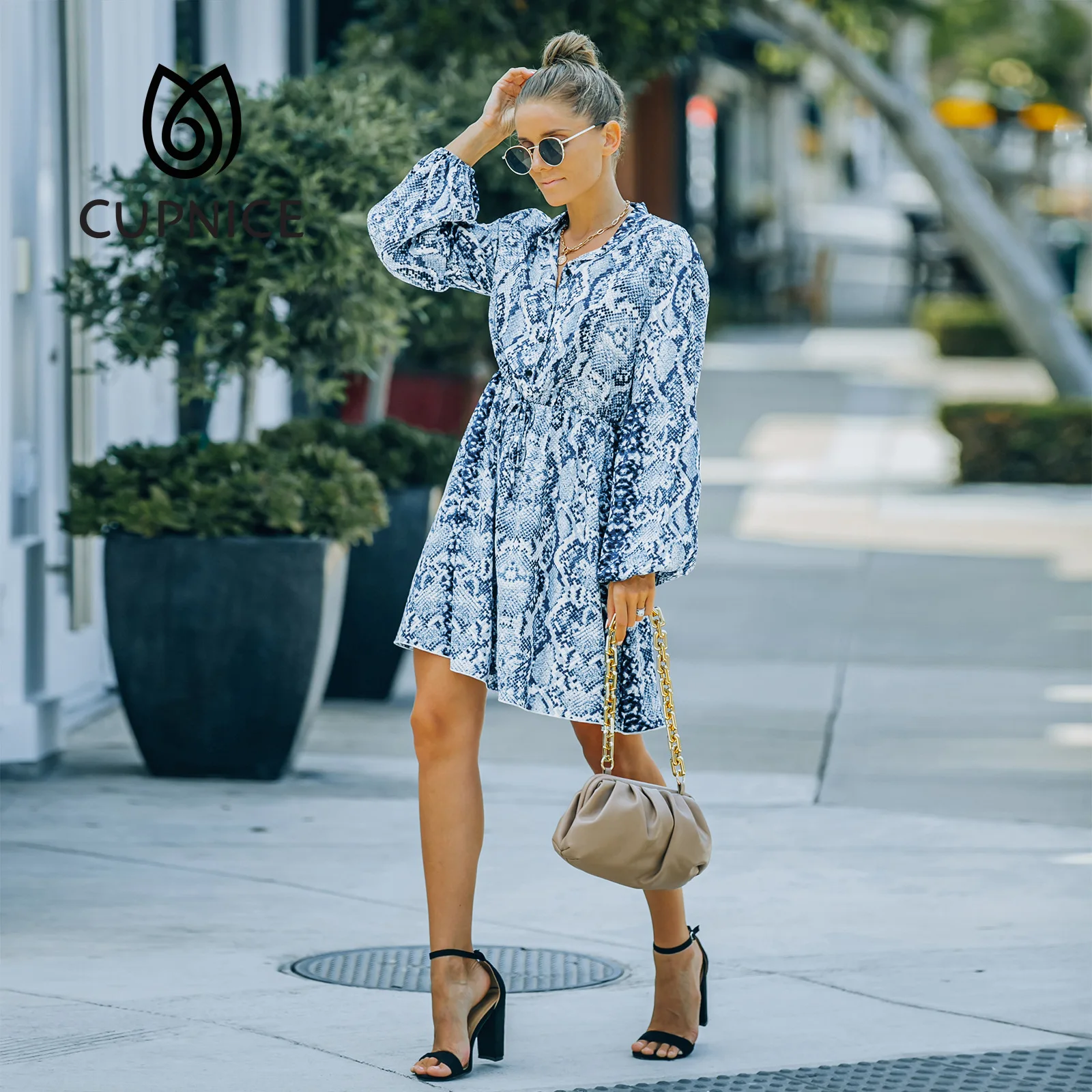 

Элегантные женские платья CUPNICE с V-образным вырезом, повседневное осеннее платье с высокой талией и поясом, Повседневное платье с длинным ру...