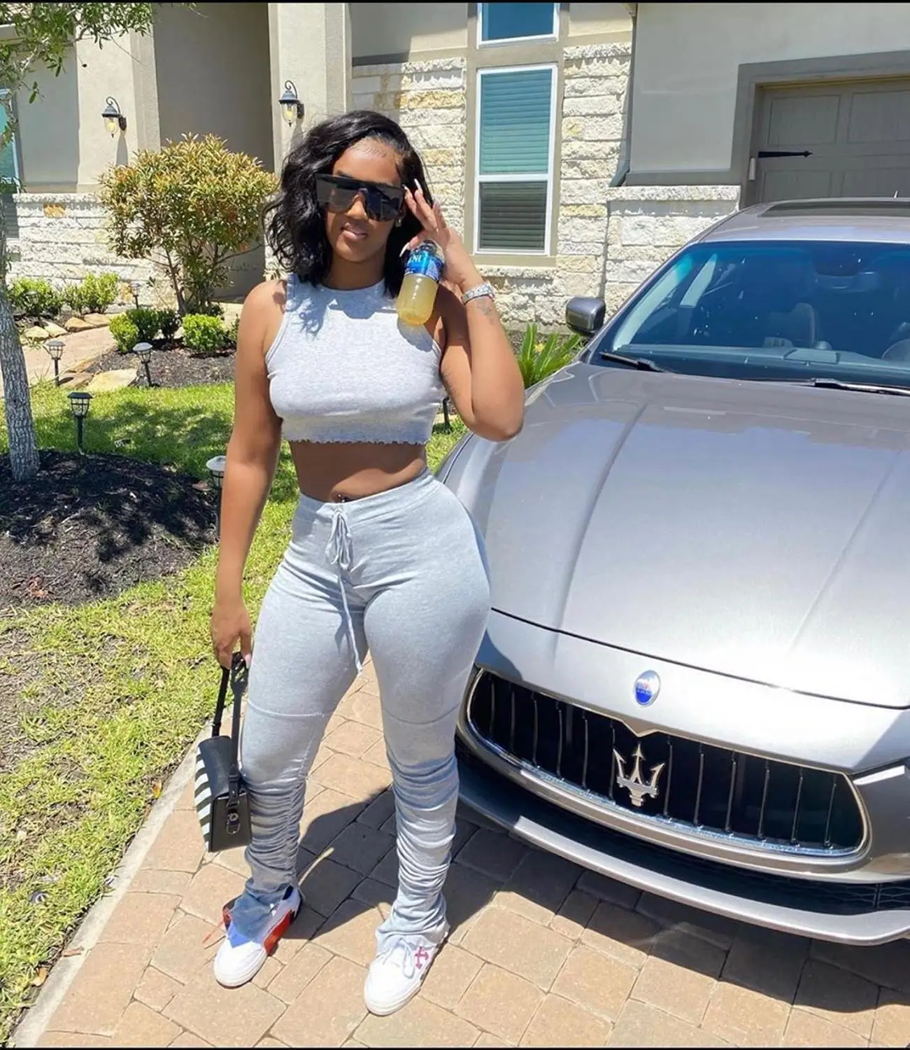 

Gray Two Piece Set Summer Sport Wear Casual O Neck Sleeveless Crop Tanks Tops And Drawstring Sweatpants Tracksuit Lady Outfits