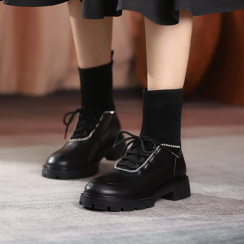 

2021 Autumn Winter Cross Tied Women Boots Genuine Leather Platforms Plats Ankle Boots Night Club Shoes Woman High Boots