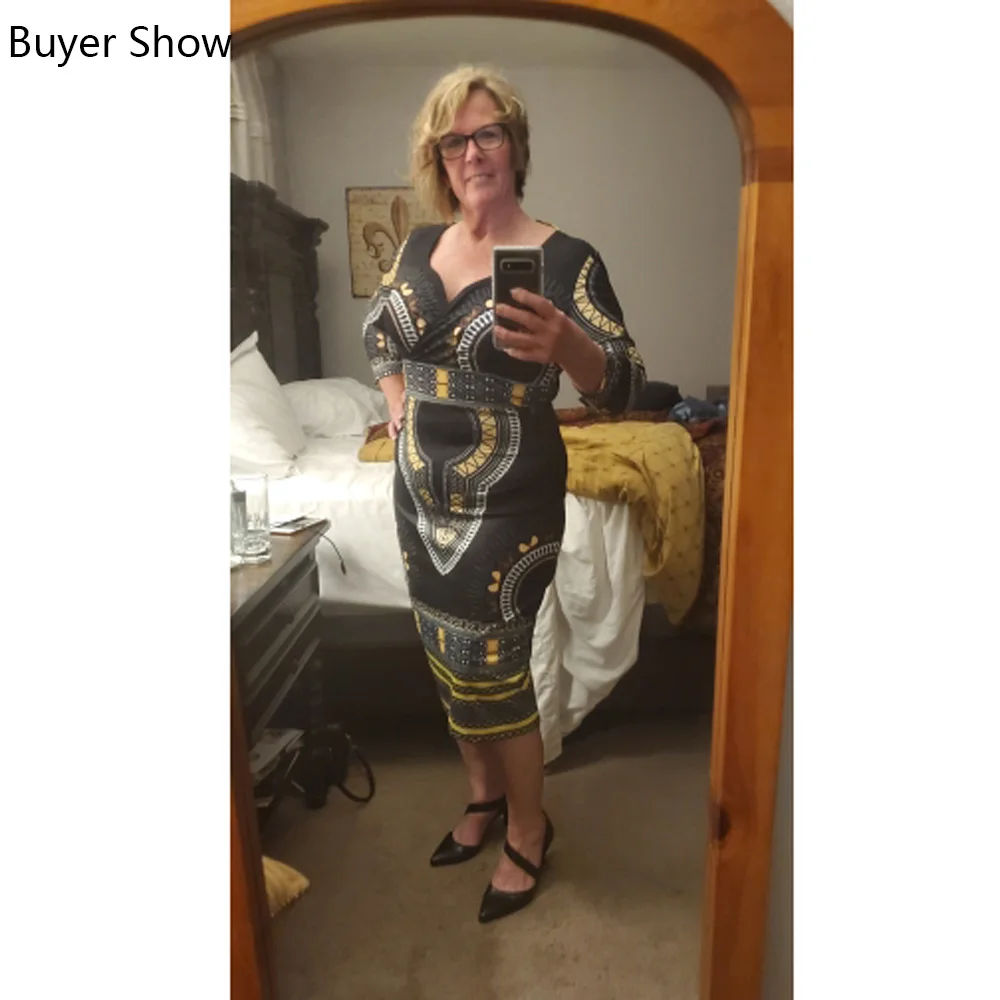 African Ladies Dresses Elegant Wrist High Waist V Neck Vintage For Work Office Business Fashion Slim Vestidos Dress Midi 2022