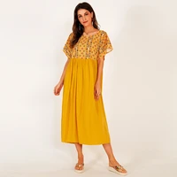 new products ladies summer travel vacation beach wind printing short sleeved round neck loose sweet long yellow dress