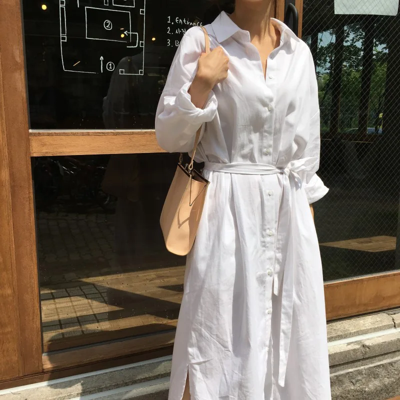 

Loose Long Sleeve Shirt White Women Dress 2021 Spring Summer French Style A Line Turn Down Collar Beach Style Dress OL Vestidos