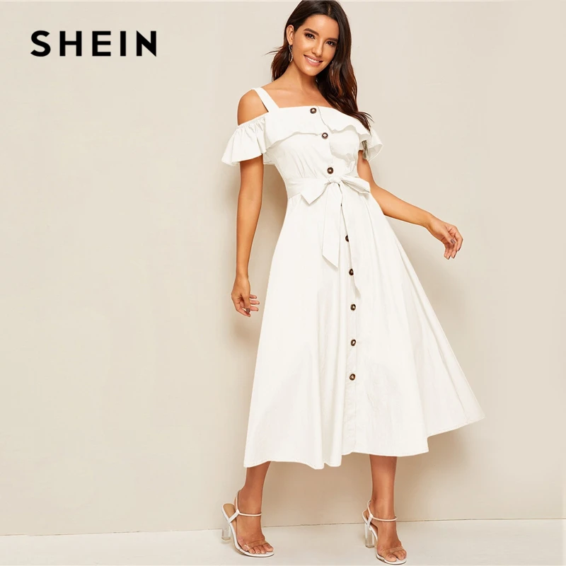 SHEIN белое платье с воланом и откидной пуговицей спереди с поясом женские осенние ремни с открытыми плечами однотонные расклешенные вечерние длинные платья