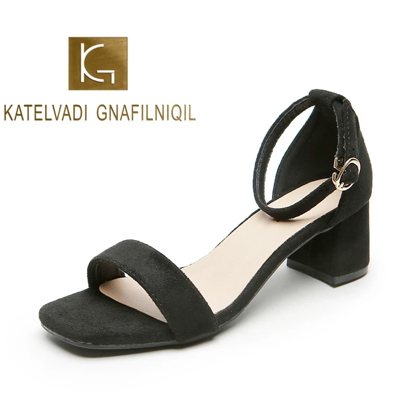 KATELVADI черные летние женские туфли сандалии на квадратном каблуке 5 см Ремешок