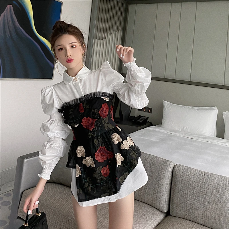 

Spring and Autumn New Fashion Women's Clothing Korean Version Retro T-Shirts Y2k Shirt +Net Yarn Embroidered Wrapped Chest Tops
