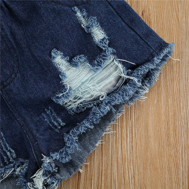 

2-7Years Girls Children Casual Clothes Set,Puff Sleeve Square Collar Stretchy Tops+Ripped Short Jeans with Button for Baby Girls