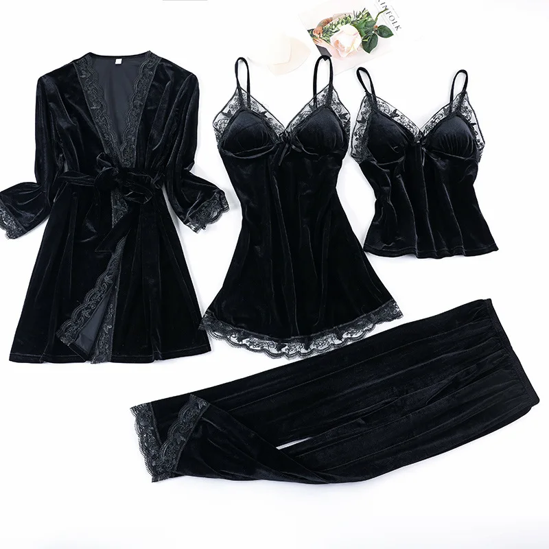 

Lace Velvet 4 Pieces Women Warm Winter Pajamas Sets With Pants Sexy Robe Sleepwear Suit Female Sleeveless Nightwear Home Clothes
