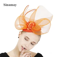 orange red fedora caps feather hair clips fascinators church party hats women elegant lady headwear decoration headdress xmf427