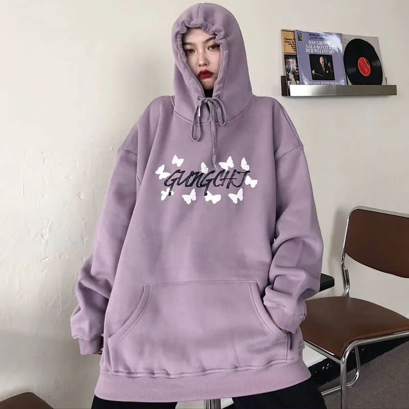 

Sweatshirts Men And Women Butterfly Plus Velvet Thickened 2021 Autumn And Winter Hooded Korean Loose Ins Tide Fried Street Top