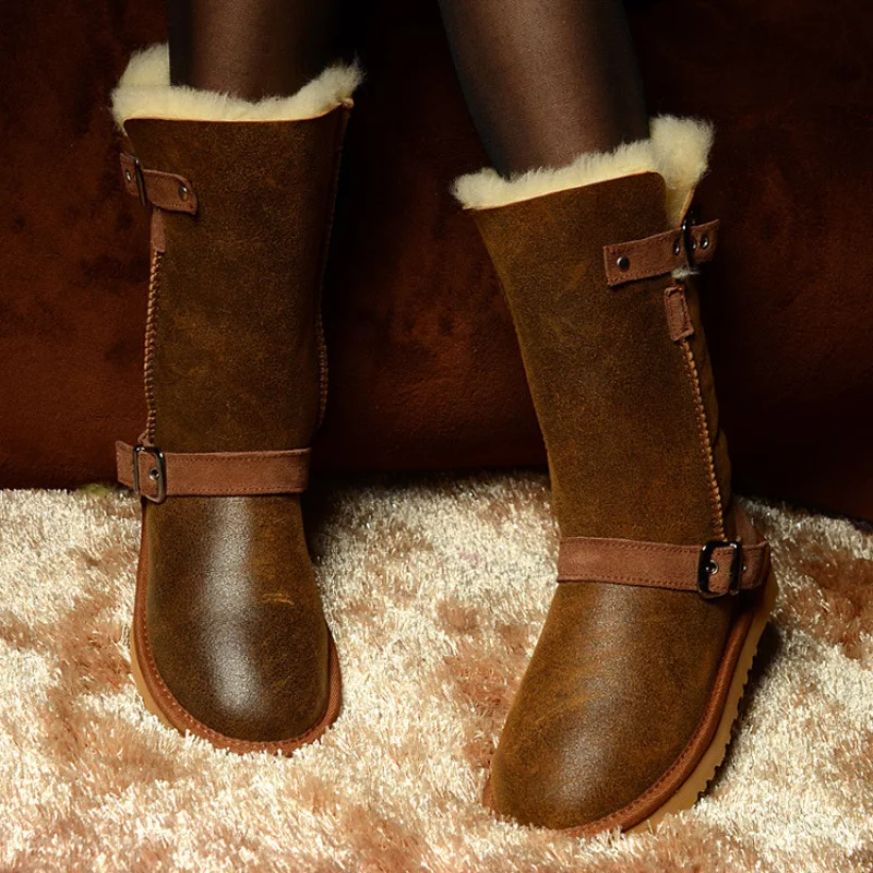 Зимние утепленные сапоги из натуральной кожи меховые модные до колена с пряжкой