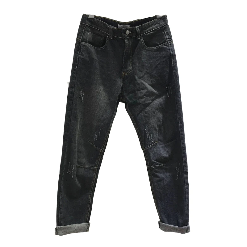 Europe Spring Summer Loose Black Jeans Men Solid Straight Ripped Long Denim Pants Casual Vintage Youth Chic Trousers 2021