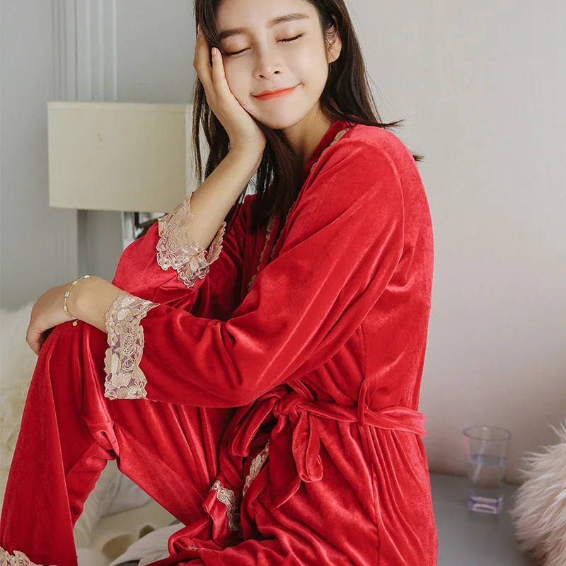 

3pcs Lace Home Clothing Women Autumn New Velvet Pajamas Suit Sexy Sleep Set Pyjamas Intimate Lingerie Homewear Nightwear