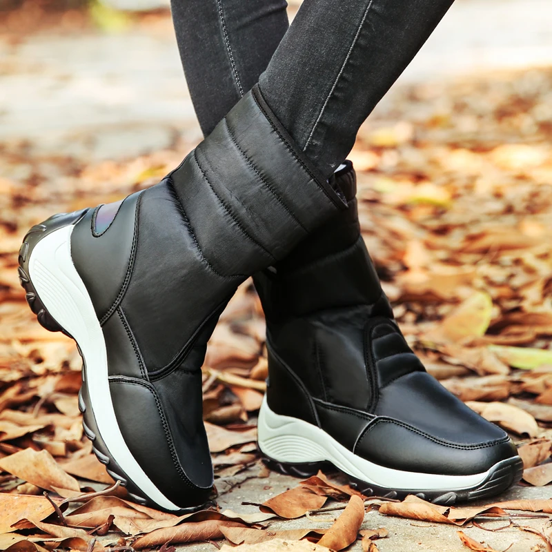 Women's high top leather lace-up winter cotton boots snow walking shoes velvet warm waterproof comfortable thick bottom big size | Спорт и