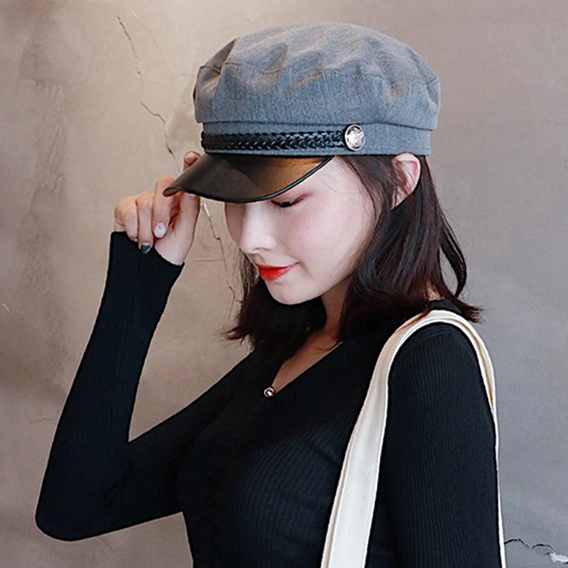 Fashion Women Beret Hat Leather Military Sailor Black Grey Caps For Men Travel Cadet Hats Captain Cap Berets | Аксессуары для