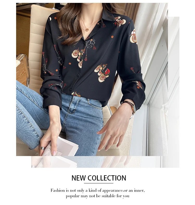

Black floral shirt female spring 2021 new loose long-sleeved shirt covering belly top