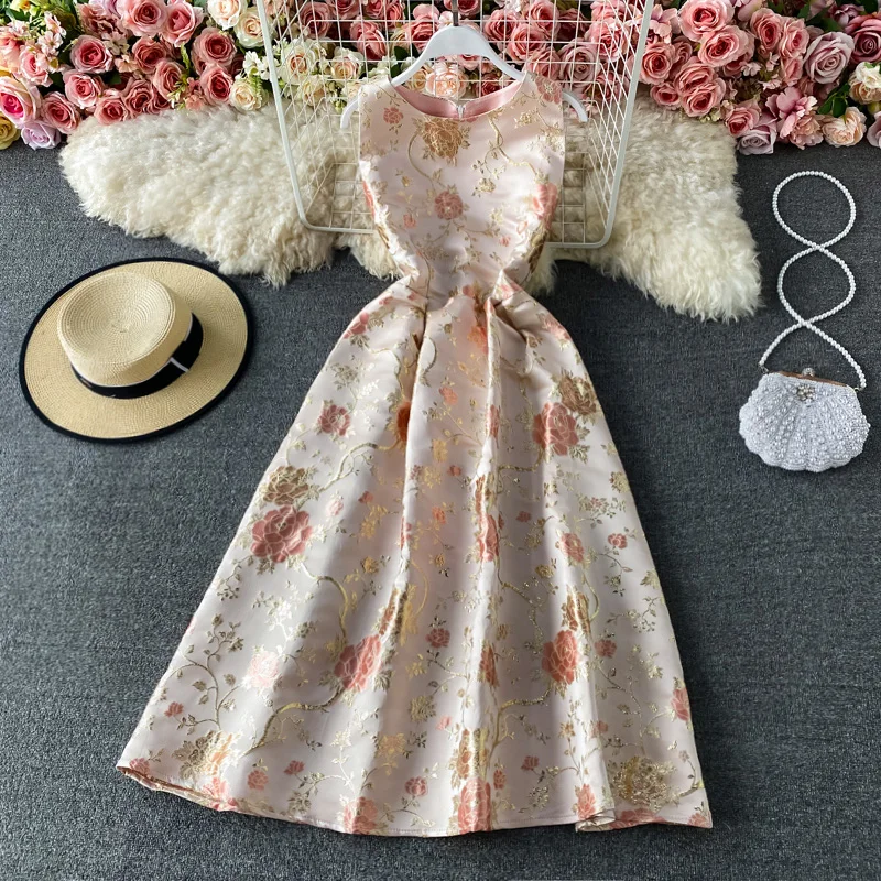 

YIZZHOY New Summer Women Elegant O-neck Floral Print Dress Female Embroidery High Waist Slim Dress Vintage Beach Fairy Dress
