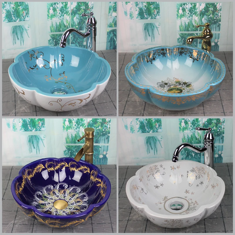 

Blue Bathroom Ceramic Above Counter Wash Basin Flower Shape Home Nordic Wash Hand Basin Single Bowl Simple Shampoo Sinks