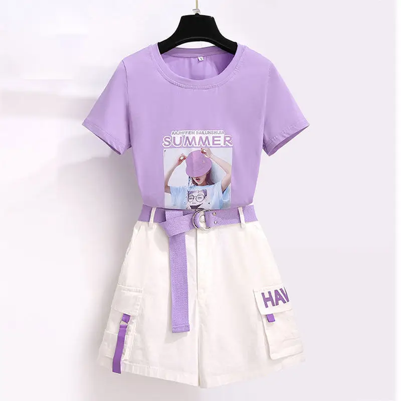 

Simple and Fashionable Casual Womens T-shirt 2021 New Small Temperament Western Style Girls Summer Fashion Shorts Two-piece Suit