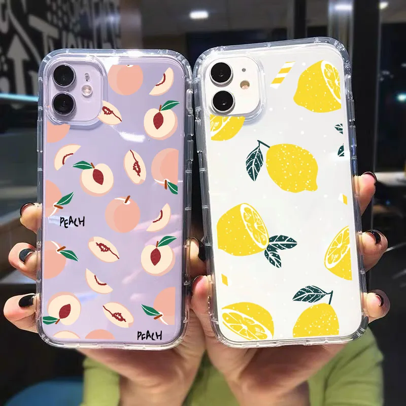 

GYKZ Cartoon Lemon Avocado Peach Fruit Phone Case For iPhone 13 11 Pro 12 XR X XS MAX SE20 7 8 6Plus Clear Soft Silicone Cover