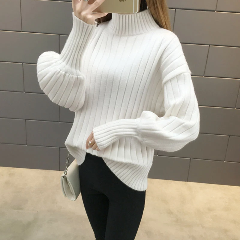 

NORMOV Warm Women Sweaters White Loose Turtleneck Lantern Sleeve Knitted Cotton Pullovers Autumn Winter Office Lady Sweaters
